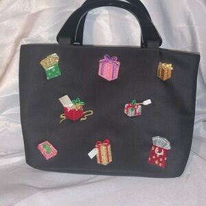 Kim Rodgers Vintage Holiday Purse 8” Bx 12” Black With Embroidered Gifts